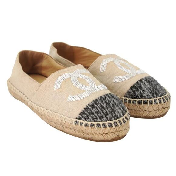 Chanel Espadrille 37 Glitter Fabric Leather Cc Cap Toe Flats CC-S0207P-C026 - Picture 5 of 11